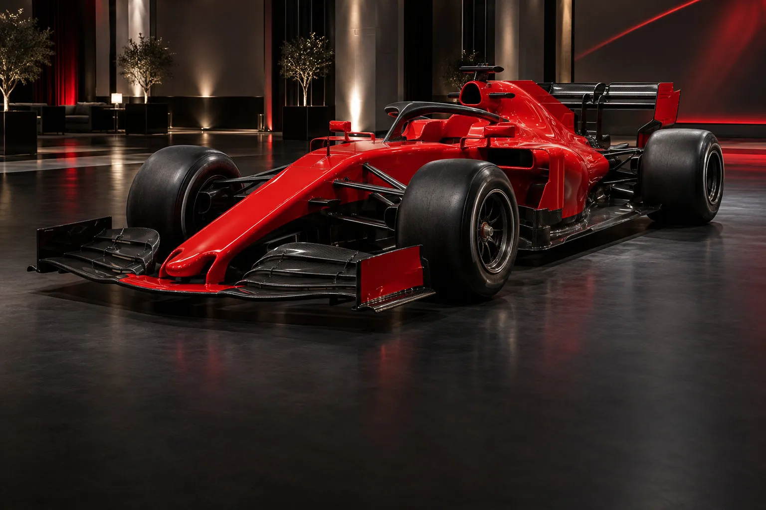 Auto réplica rojo de carreras en un espacio de exhibición