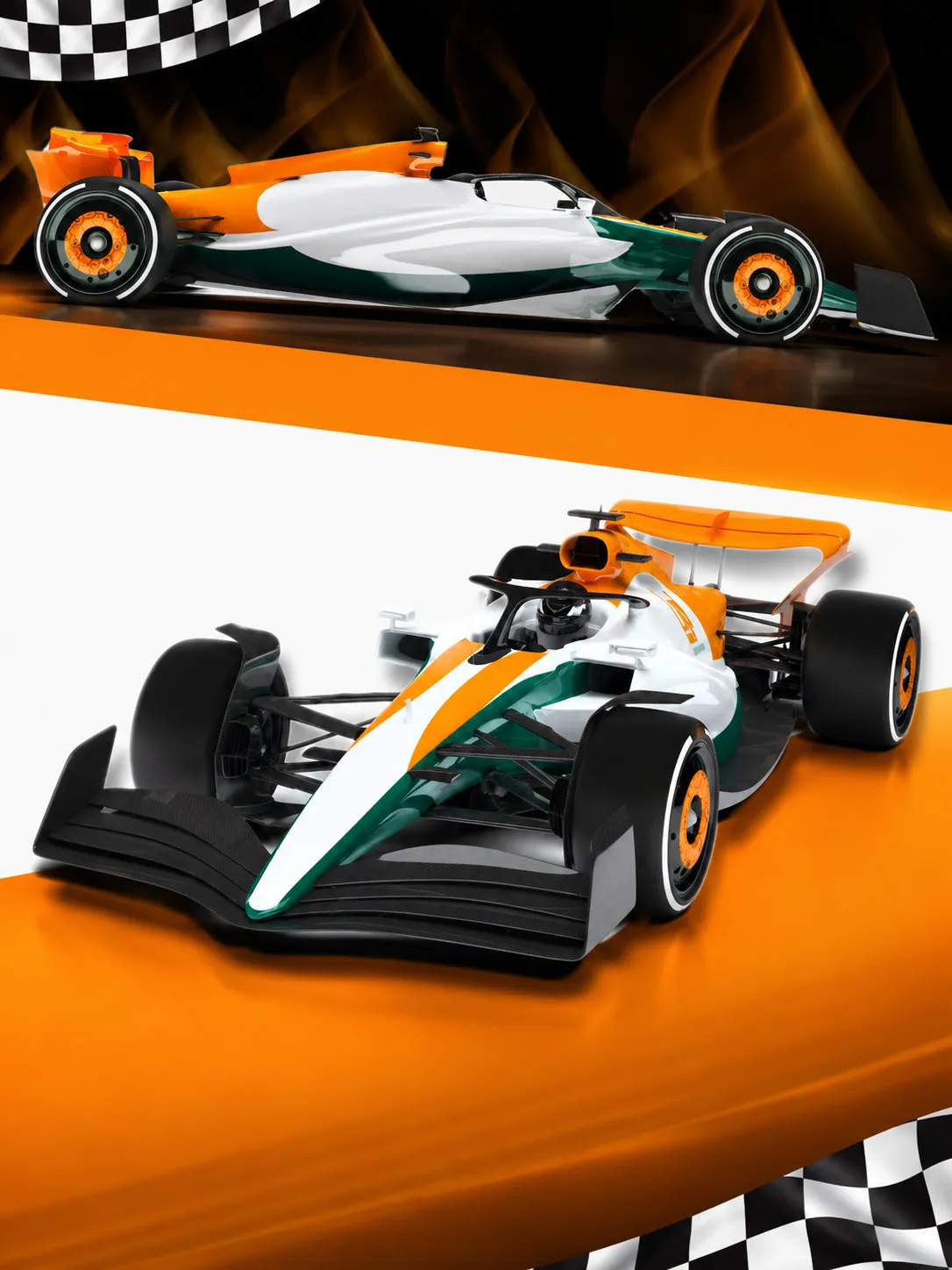 Dos vistas de un auto réplica de carreras en naranja, blanco y verde, con banderas a cuadros
