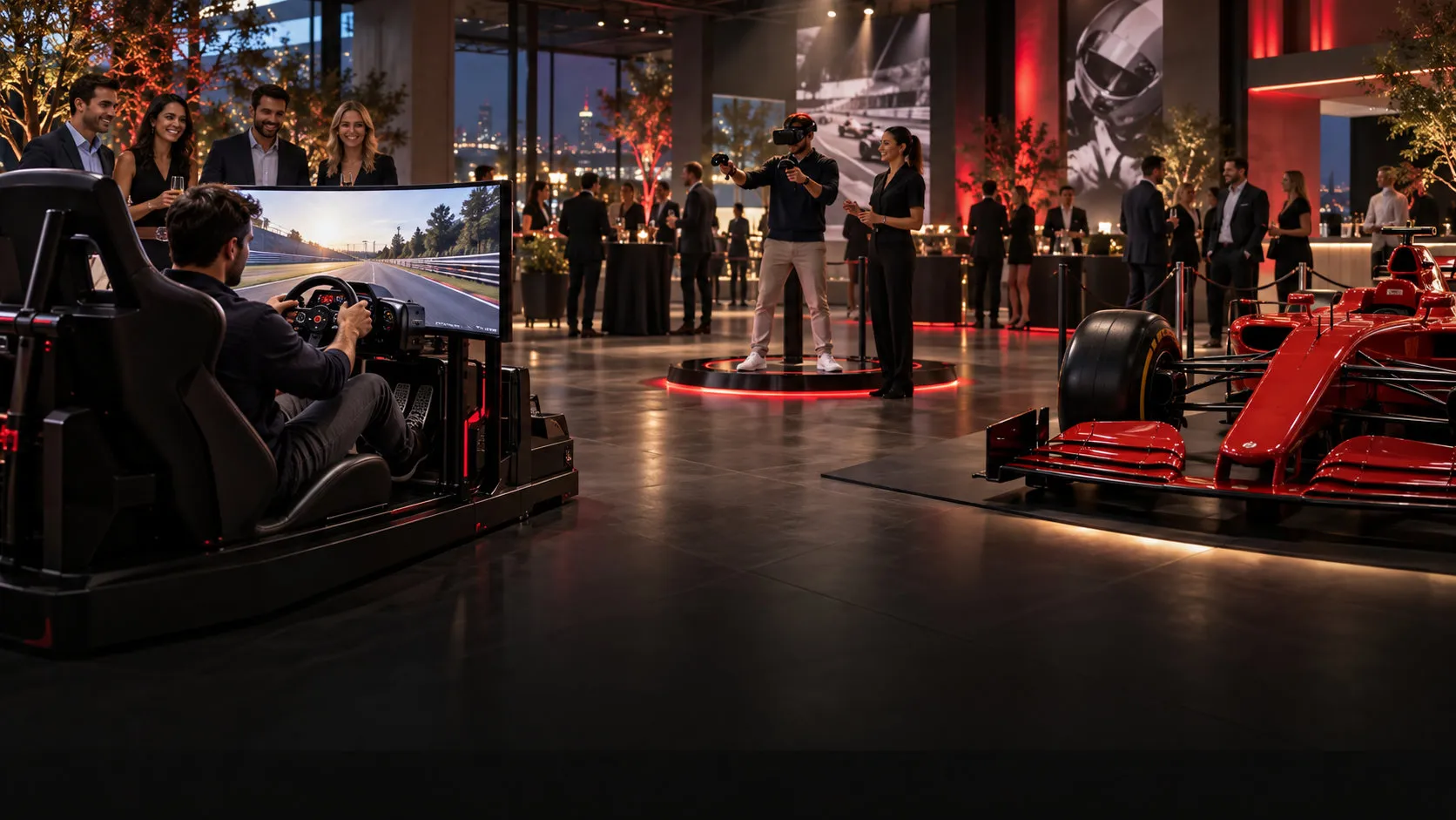Simuladores de carreras, realidad virtual y auto réplica en un evento
