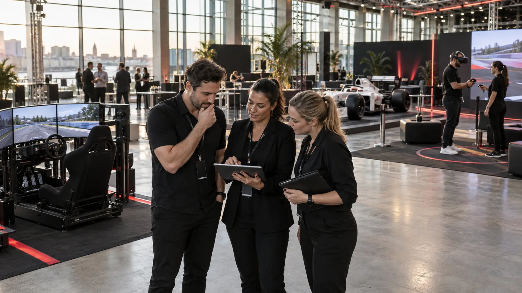 Equipo coordinando un montaje con simuladores de carreras, realidad virtual y un auto réplica