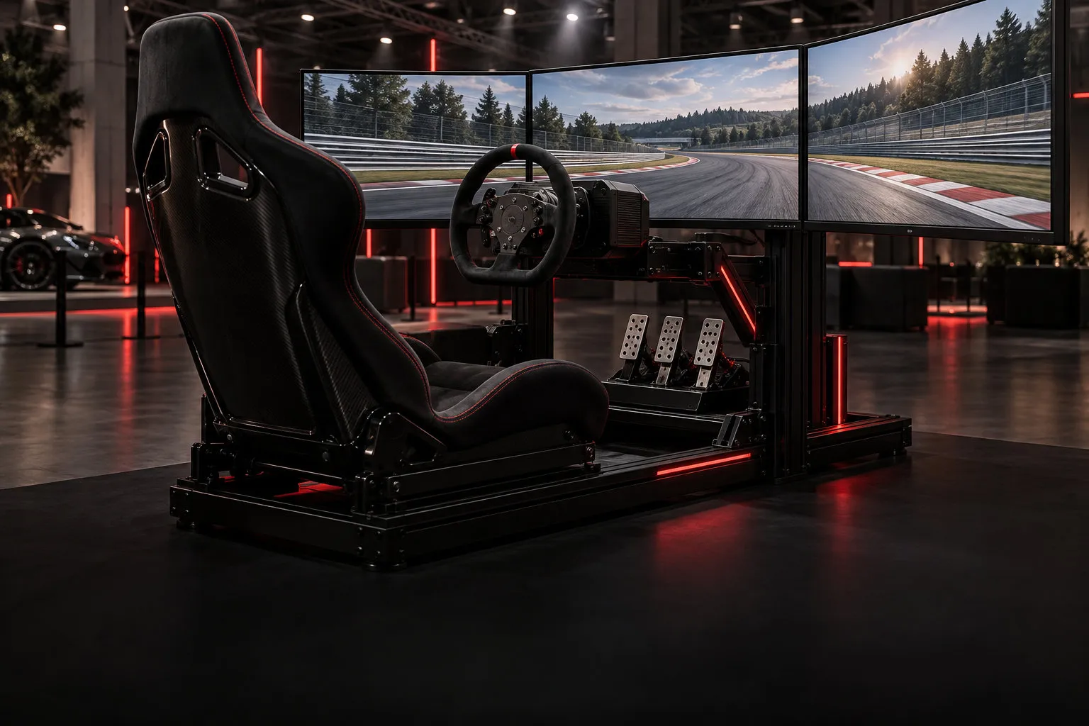 Simulador de carreras con asiento, volante, pedales y tres pantallas